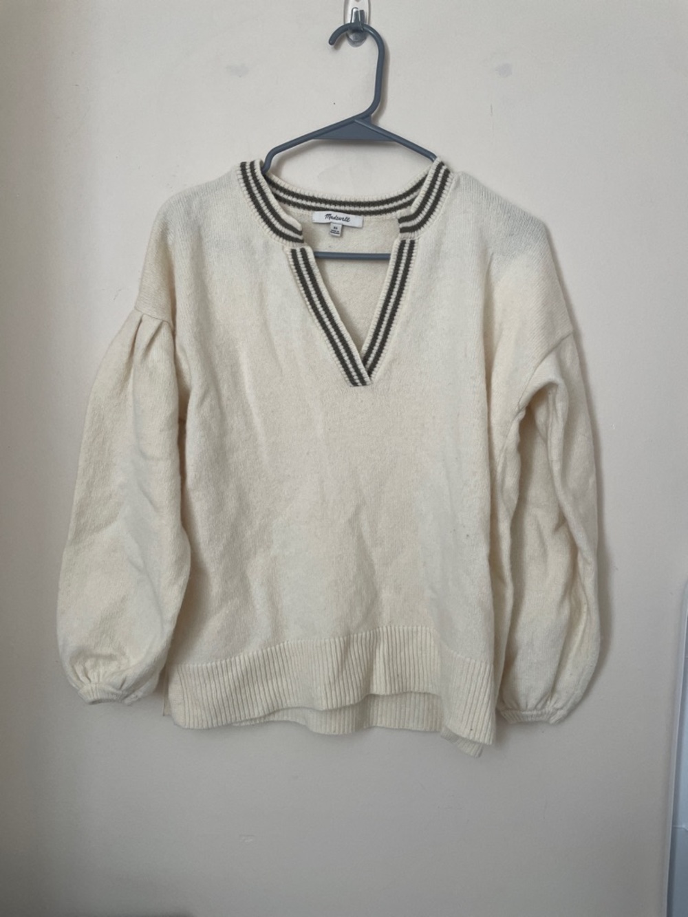 Madewell Cream V-Neck Sweater with Black Stripe Trim